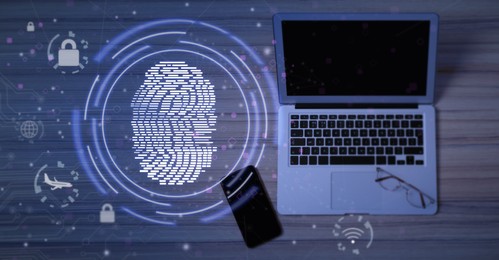 Image of Fingerprint identification. Modern laptop, smartphone and glasses on wooden table, flat lay