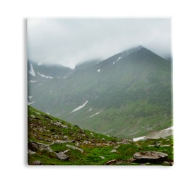 Image of Photo printed on canvas, white background. Picturesque view of beautiful foggy mountains and cloudy sky