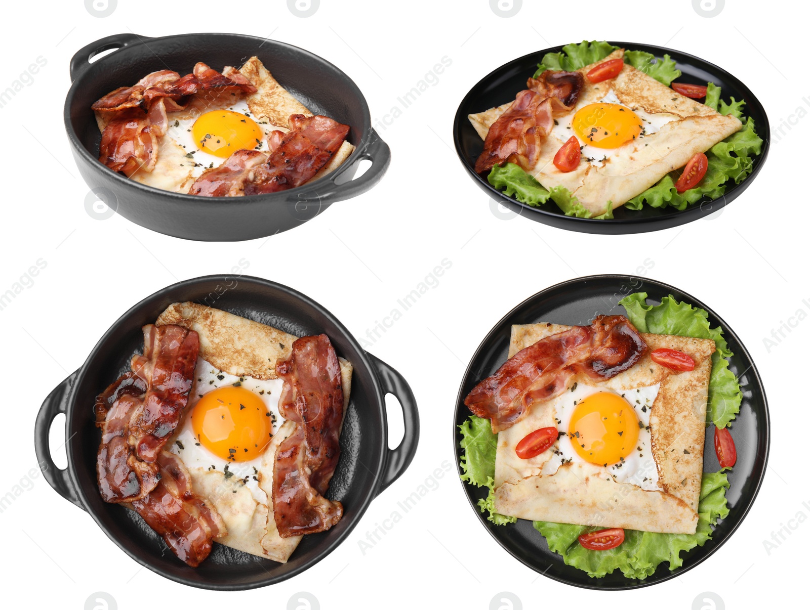 Image of Set with delicious crepes with eggs on white background. Breton galette