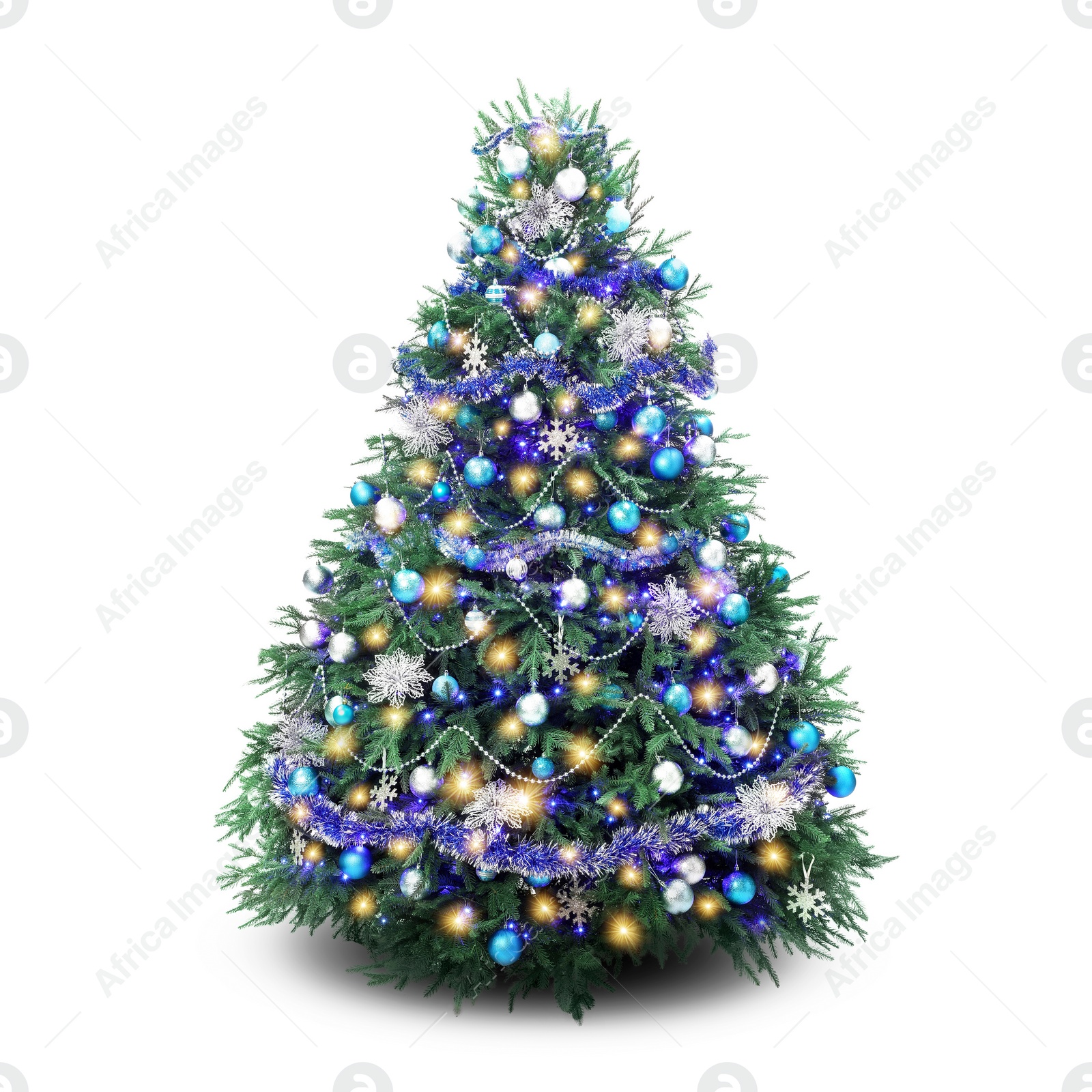 Image of Christmas tree decorated with ornaments and festive lights isolated on white