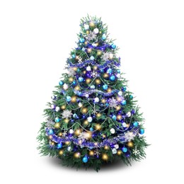 Image of Christmas tree decorated with ornaments and festive lights isolated on white