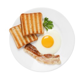 Tasty fried egg with toasts and bacon in plate isolated on white, top view