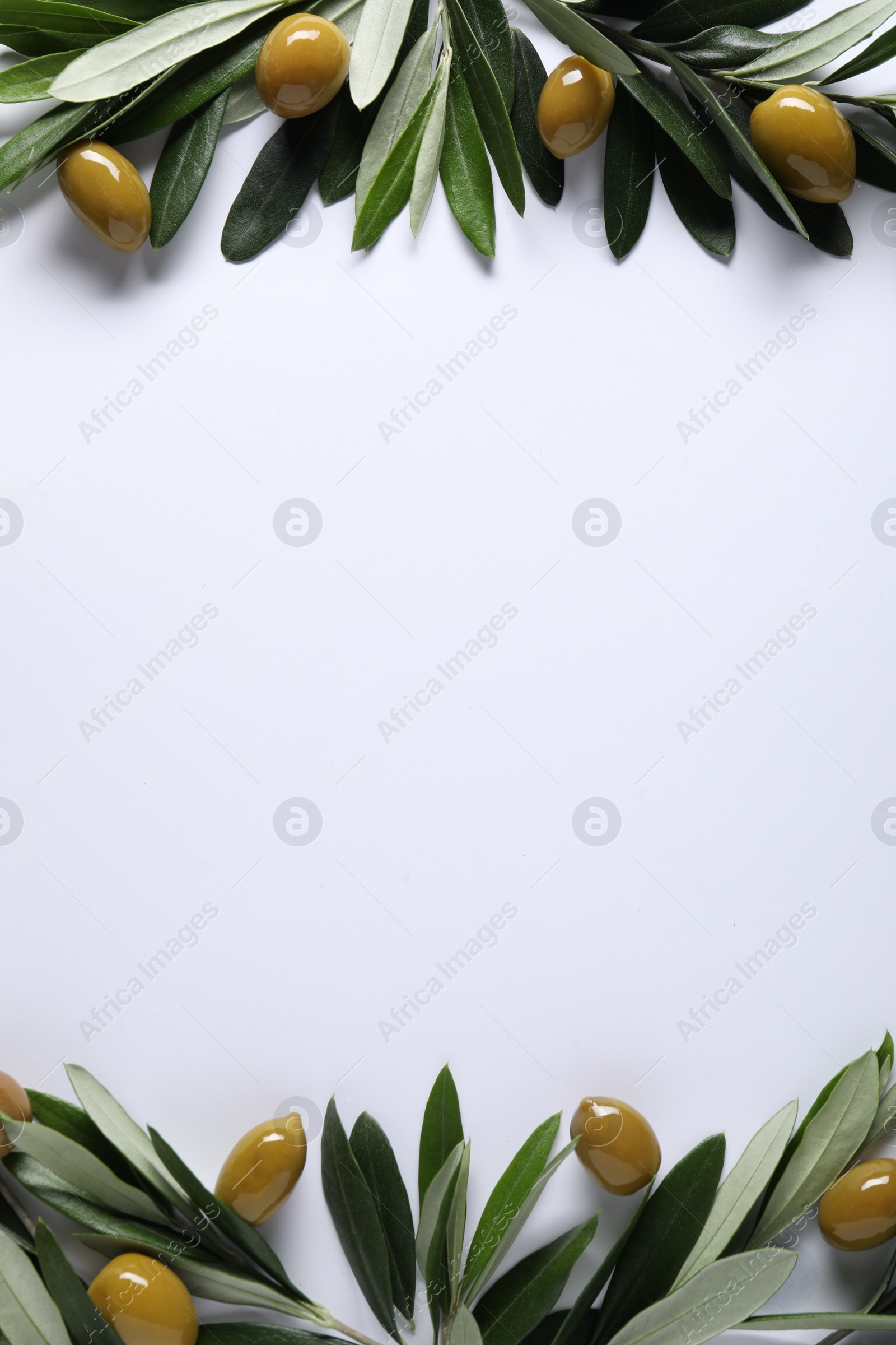 Photo of Frame made of fresh green olives and leaves on white background, flat lay. Space for text