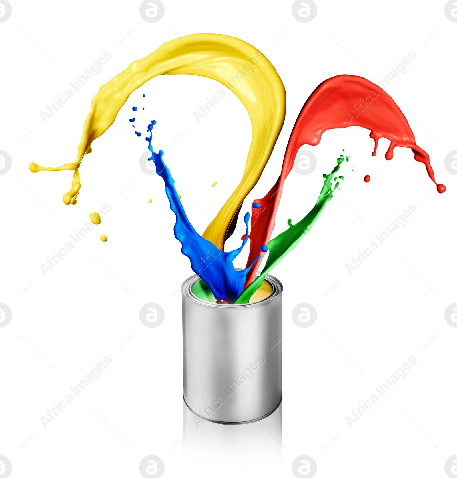 Image of Paint of different colors splashing from can on white background