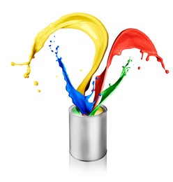 Paint of different colors splashing from can on white background