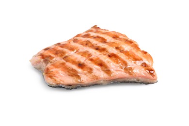 Photo of Piece of tasty grilled salmon on white background