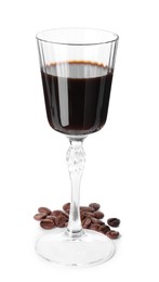 Photo of Shot glass with coffee liqueur and beans isolated on white