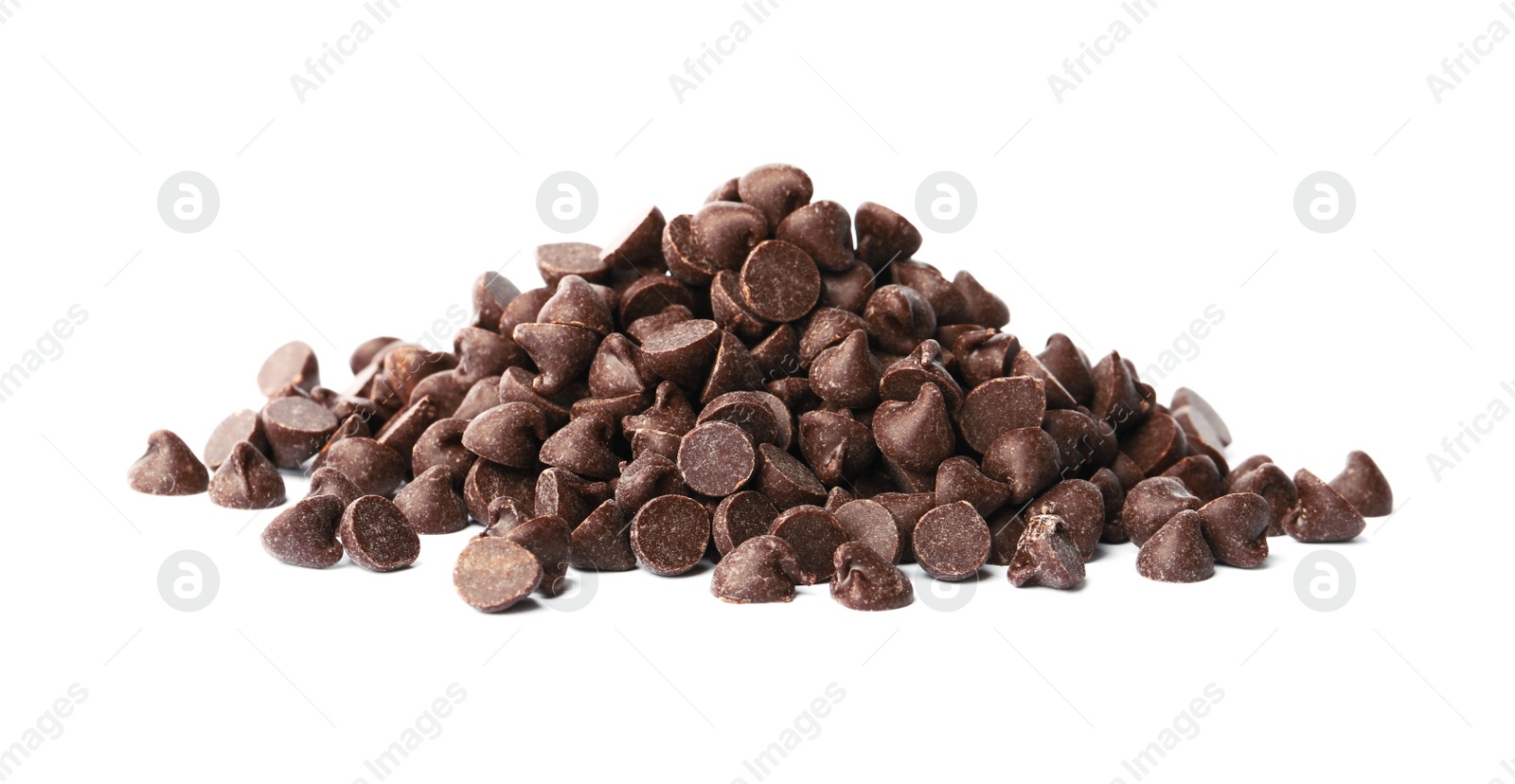 Photo of Pile of delicious chocolate chips isolated on white