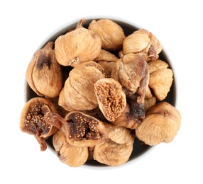 Bowl of dried figs on white background, top view
