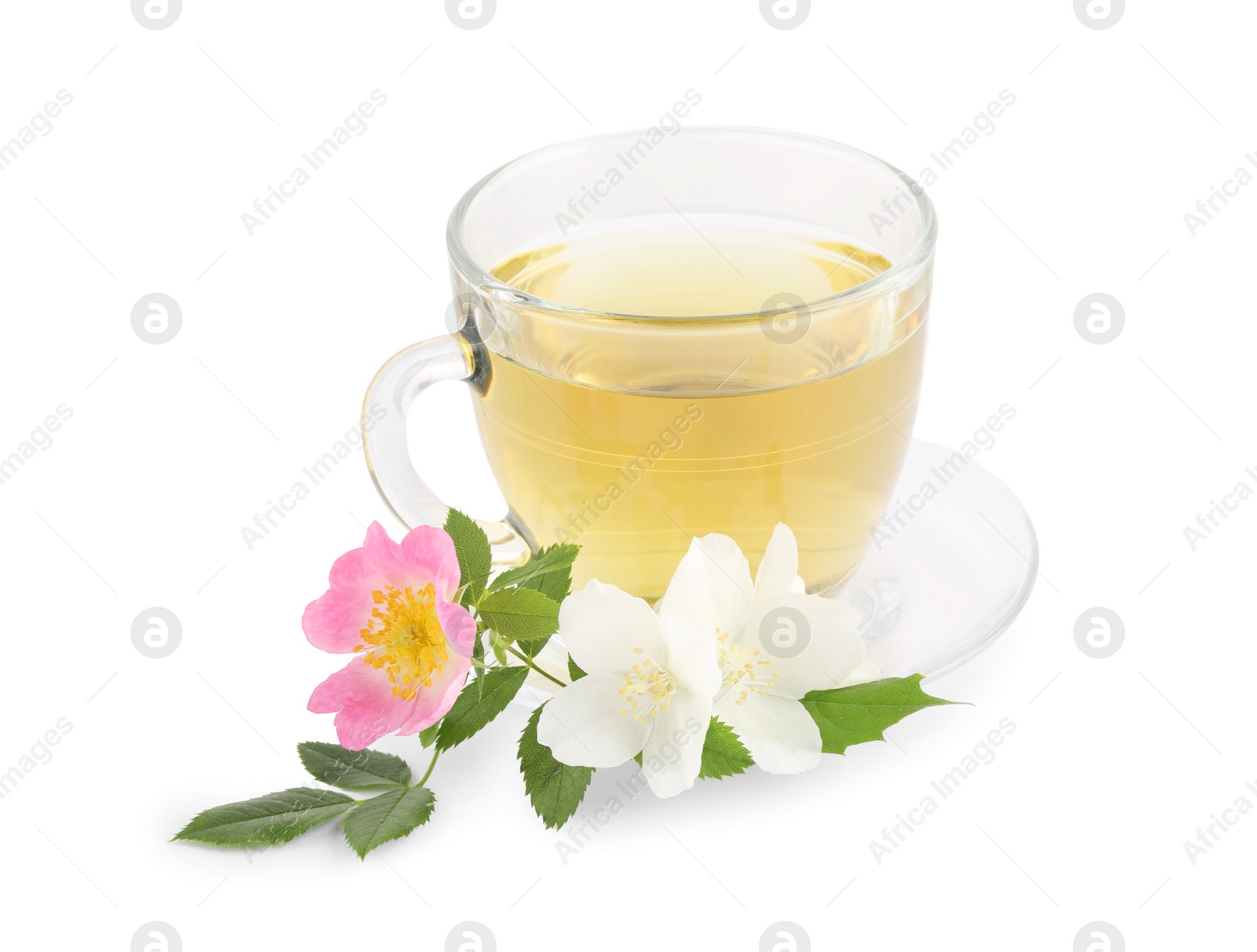 Photo of Aromatic herbal tea in glass cup and flowers isolated on white