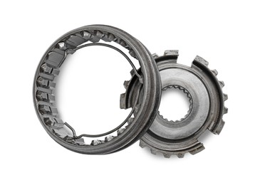 Photo of Different stainless steel gears on white background, top view