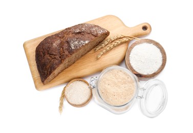 Freshly baked bread, sourdough and other ingredients on white background, top view