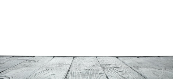 Photo of Empty wooden table surface on white background. Mockup for design