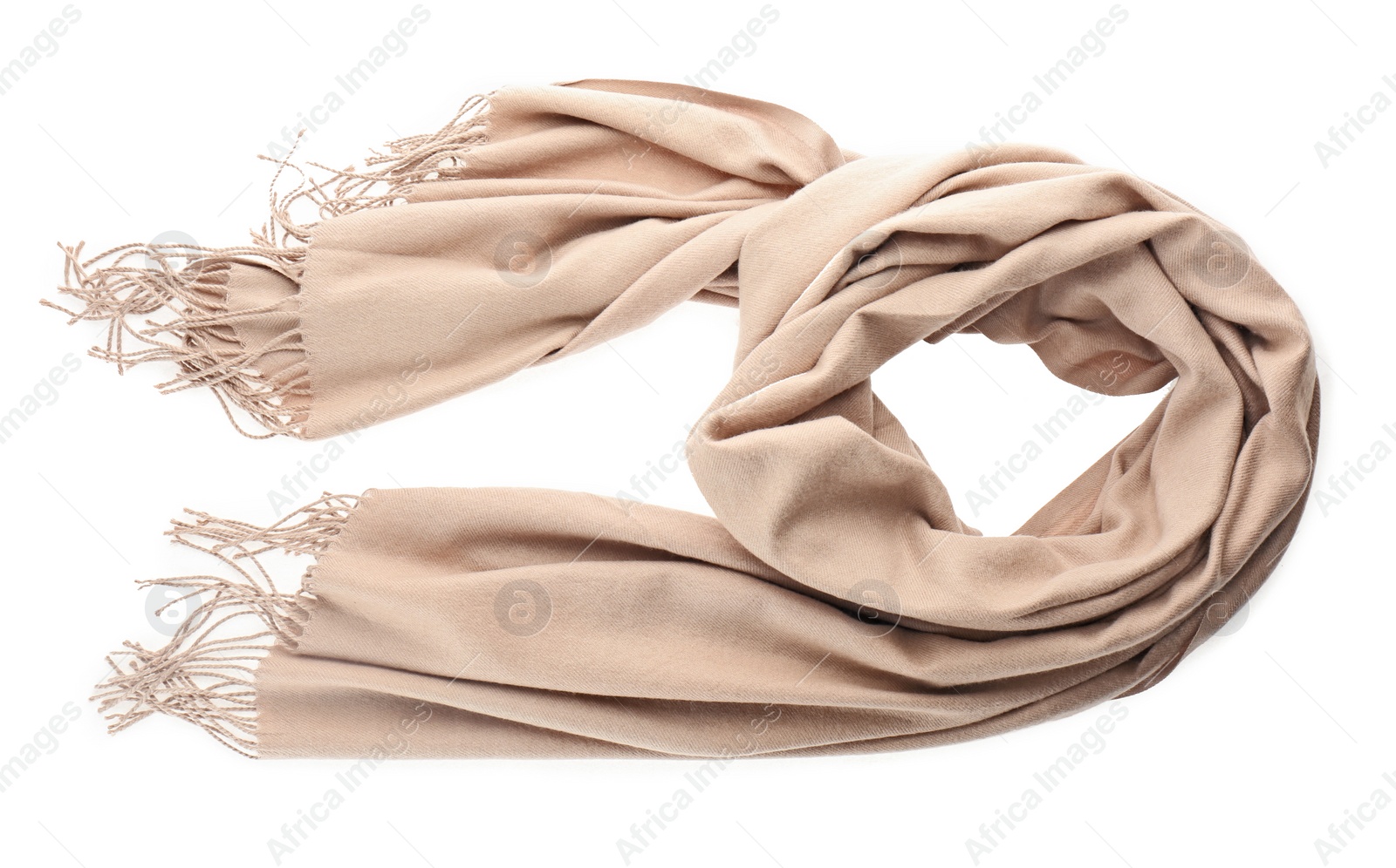 Photo of Soft beige scarf isolated white, top view