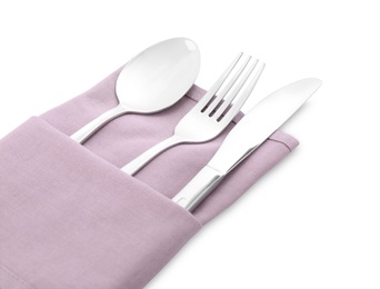 Photo of Clean cutlery with napkin isolated on white