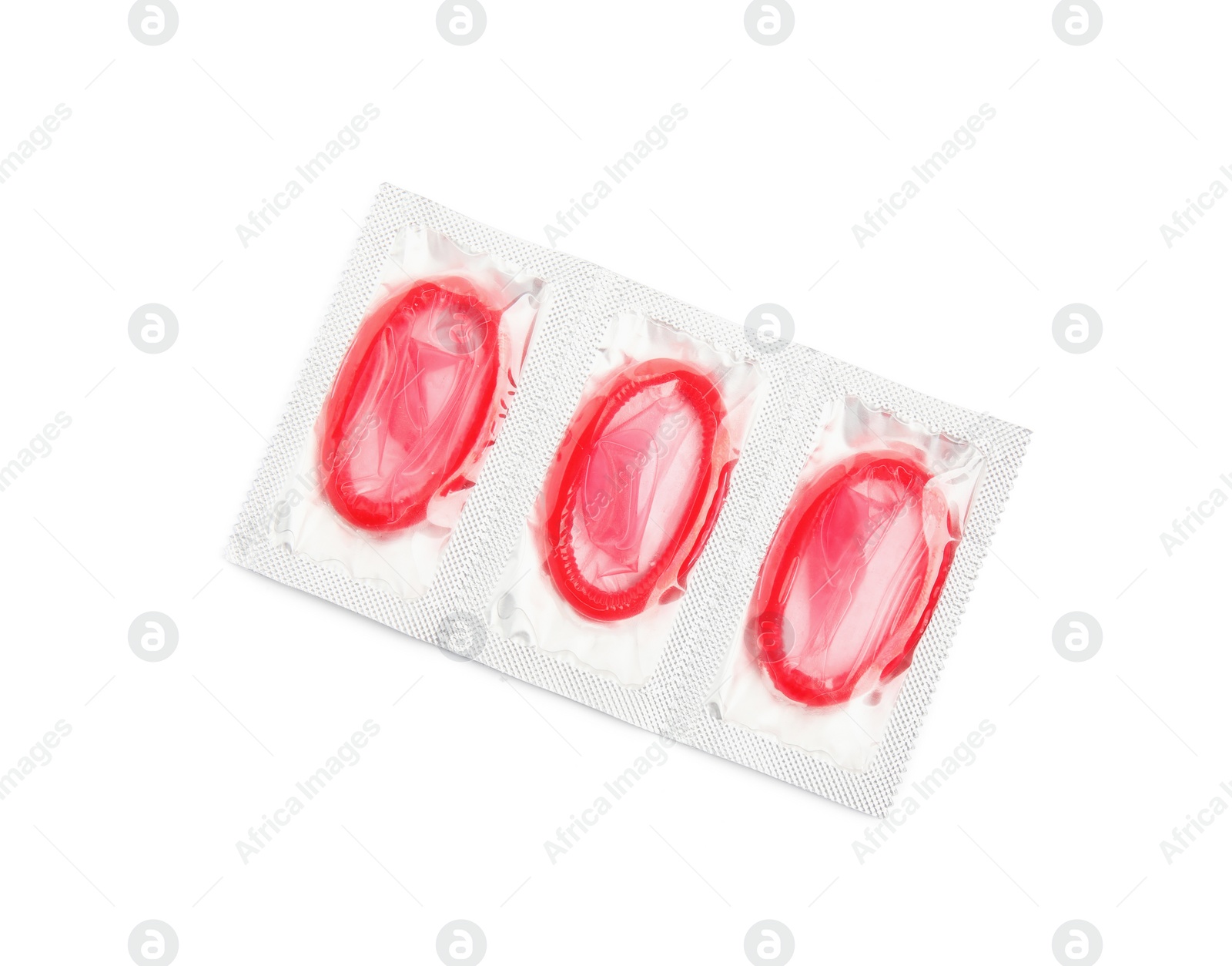 Photo of Condom packages on white background, top view. Safe sex