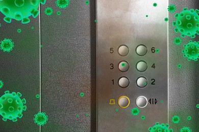 Image of Stylish elevator call panel with germs, closeup