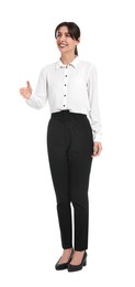 Photo of Happy businesswoman greeting someone on white background