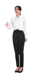 Happy businesswoman greeting someone on white background