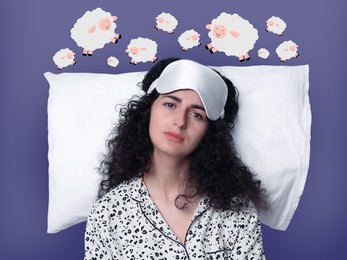 Image of Tired woman with blindfold and pillow suffering from insomnia on purple background. Illustrations of sheep above her
