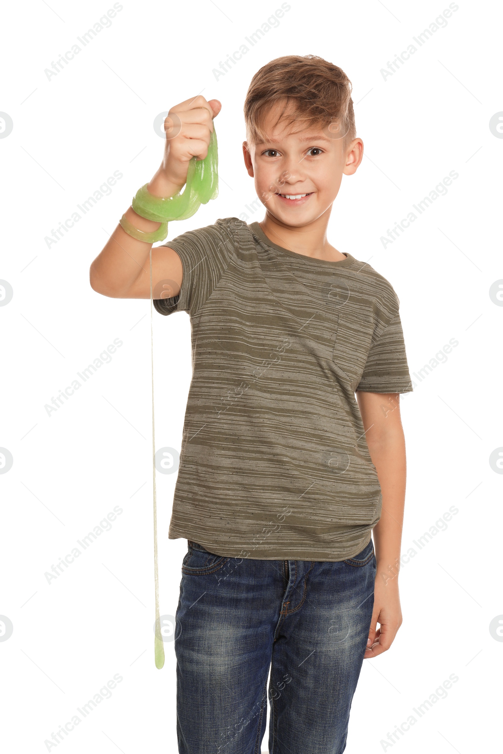 Photo of Preteen boy with slime on white background