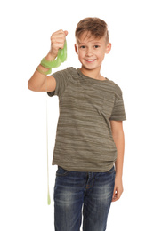 Photo of Preteen boy with slime on white background