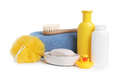 Photo of Baby cosmetic products, bath duck, accessories and towel isolated on white