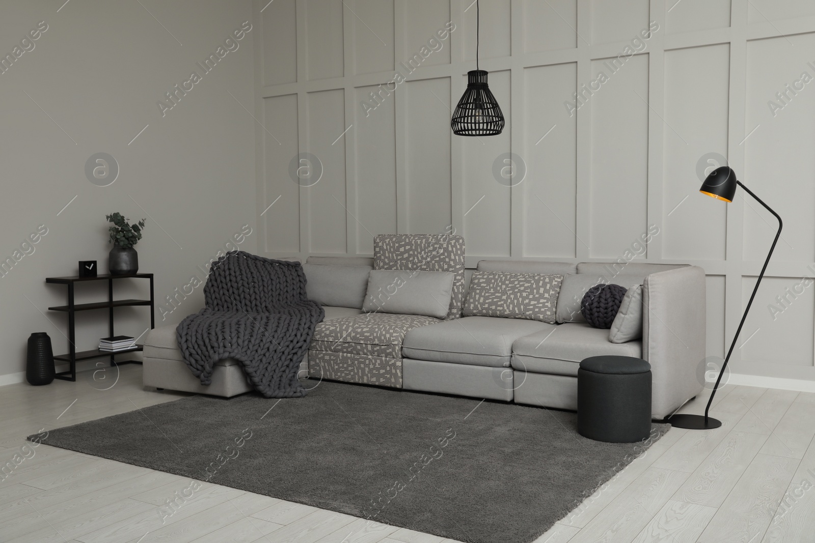 Photo of Living room interior with comfortable sofa near molding wall