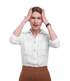 Photo of Beautiful emotional businesswoman posing on white background