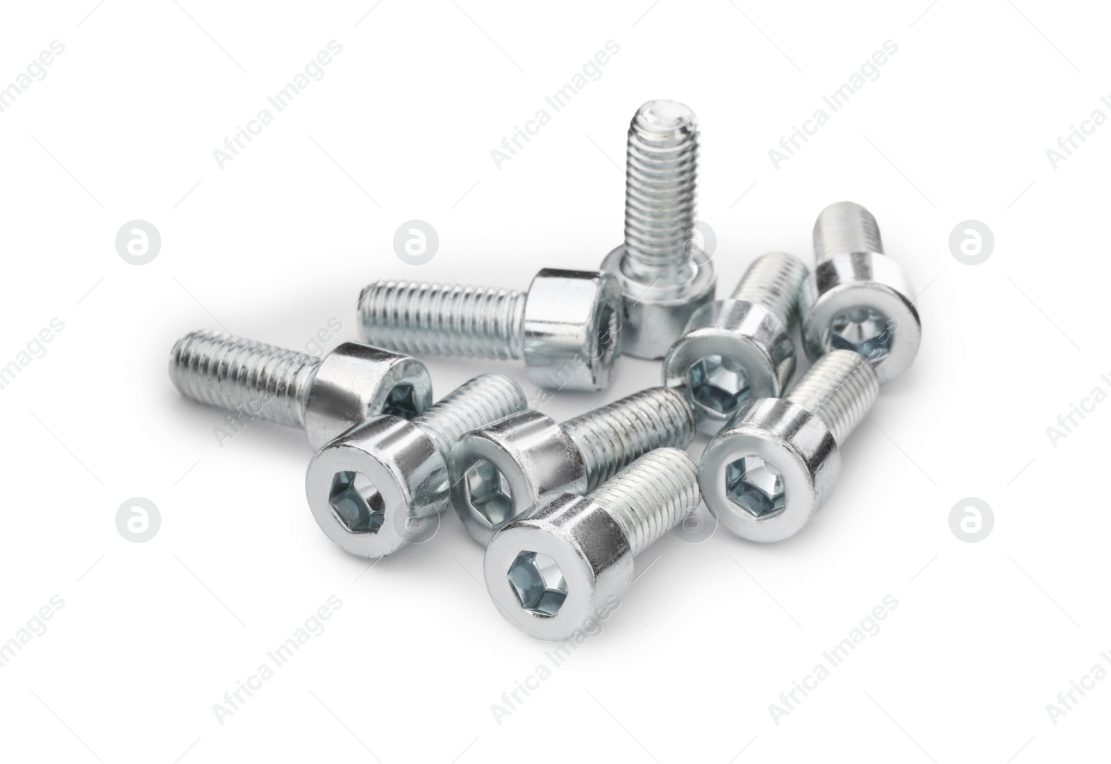 Photo of Metal socket screws isolated on white. Hardware tools