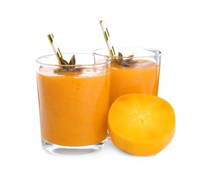 Photo of Tasty persimmon smoothie with anise and fresh fruit isolated on white