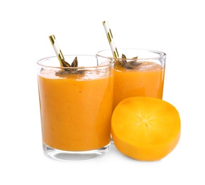 Tasty persimmon smoothie with anise and fresh fruit isolated on white