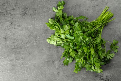Photo of Bunch of fresh green parsley leaves on grey table, top view. Space for text
