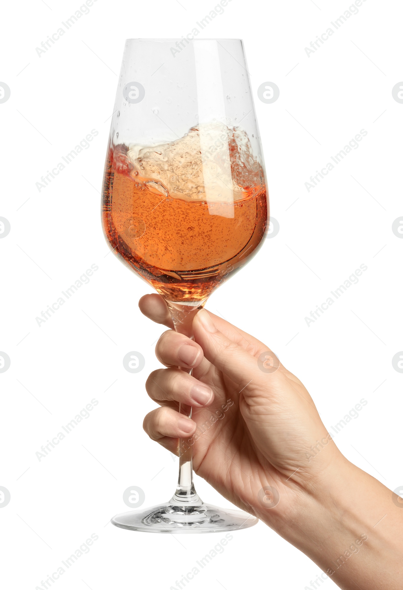 Photo of Woman with glass of rose wine isolated on white, closeup