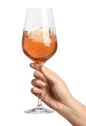 Photo of Woman with glass of rose wine isolated on white, closeup