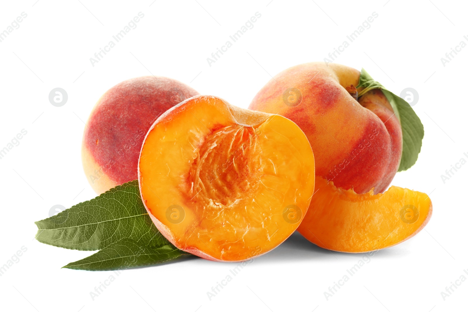 Photo of Fresh sweet peaches on white background