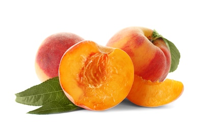 Photo of Fresh sweet peaches on white background