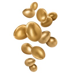 Shiny golden eggs falling on white background