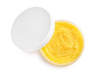 Container with natural scrub on white background, top view