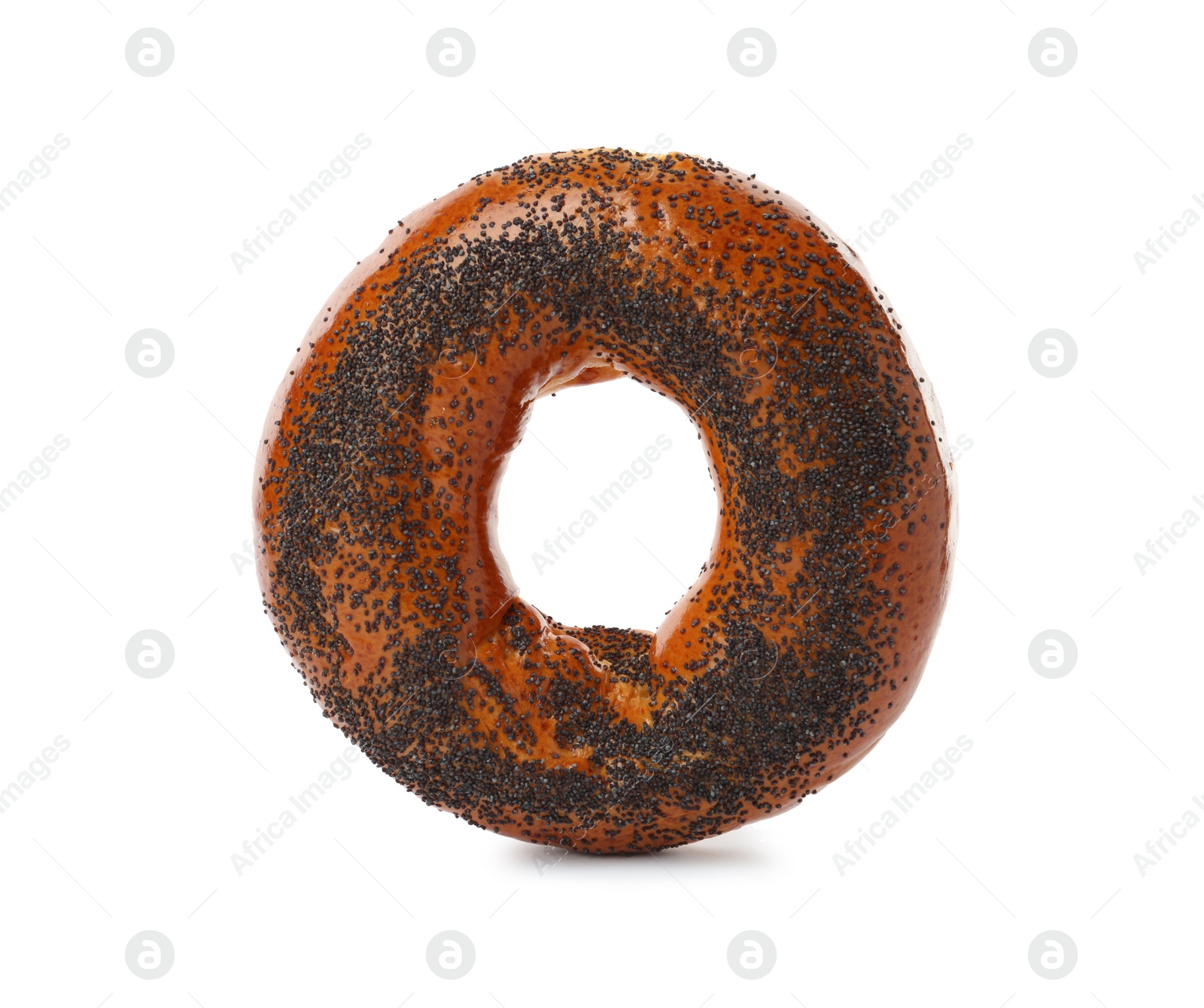 Photo of Delicious fresh bagel with poppy seeds isolated on white