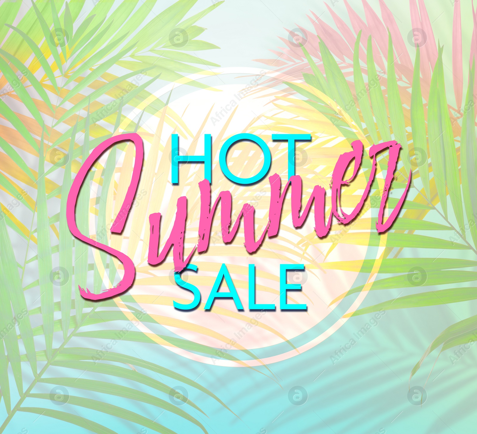 Image of Flyer design with colorful palm leaves and text Hot Summer Sale