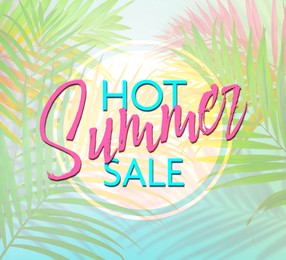 Image of Flyer design with colorful palm leaves and text Hot Summer Sale