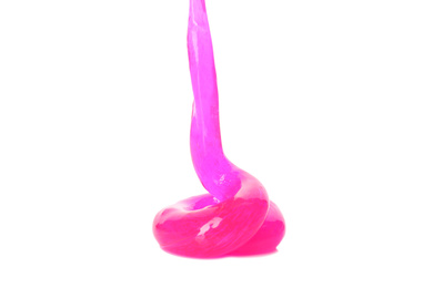 Photo of Flowing magenta slime on white background. Antistress toy