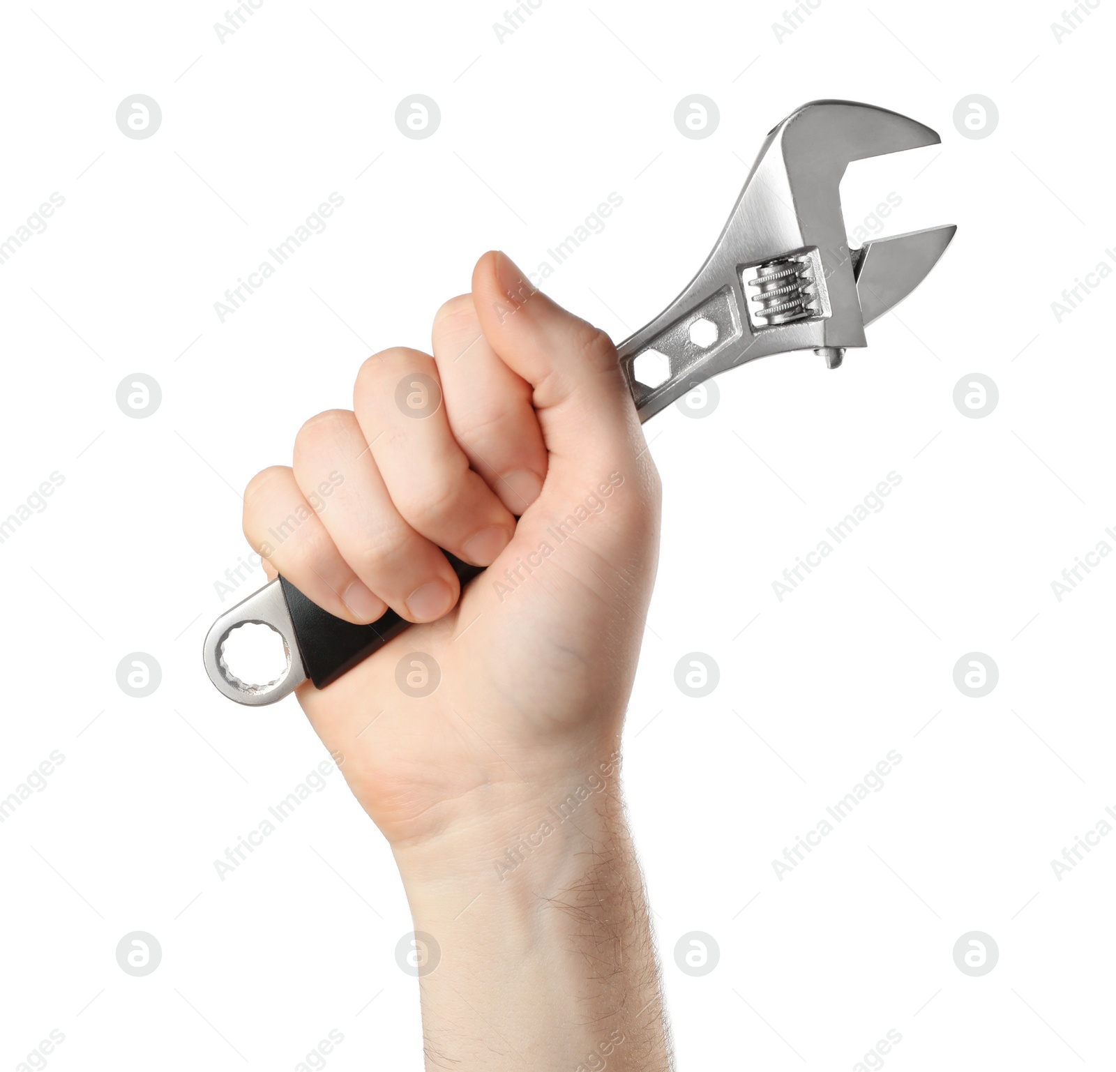 Photo of Man holding adjustable wrench isolated on white, closeup. Plumbing tools