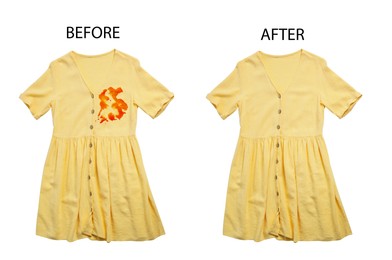 Image of Collage with dirty and clean dress isolated on white. Before and after washing