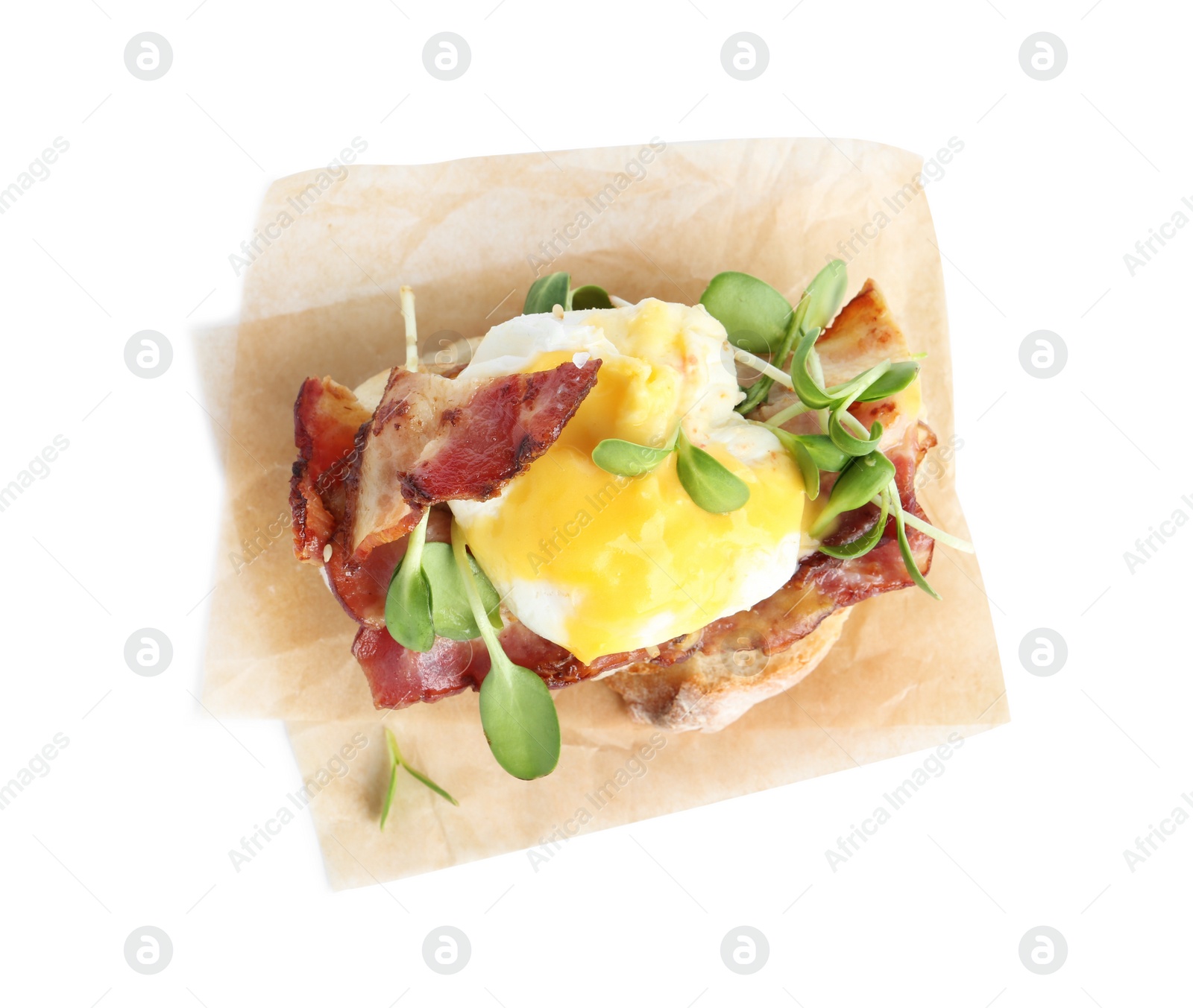 Photo of Tasty egg Benedict with sprouts isolated on white, top view