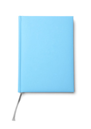 Photo of Stylish light blue notebook isolated on white, top view