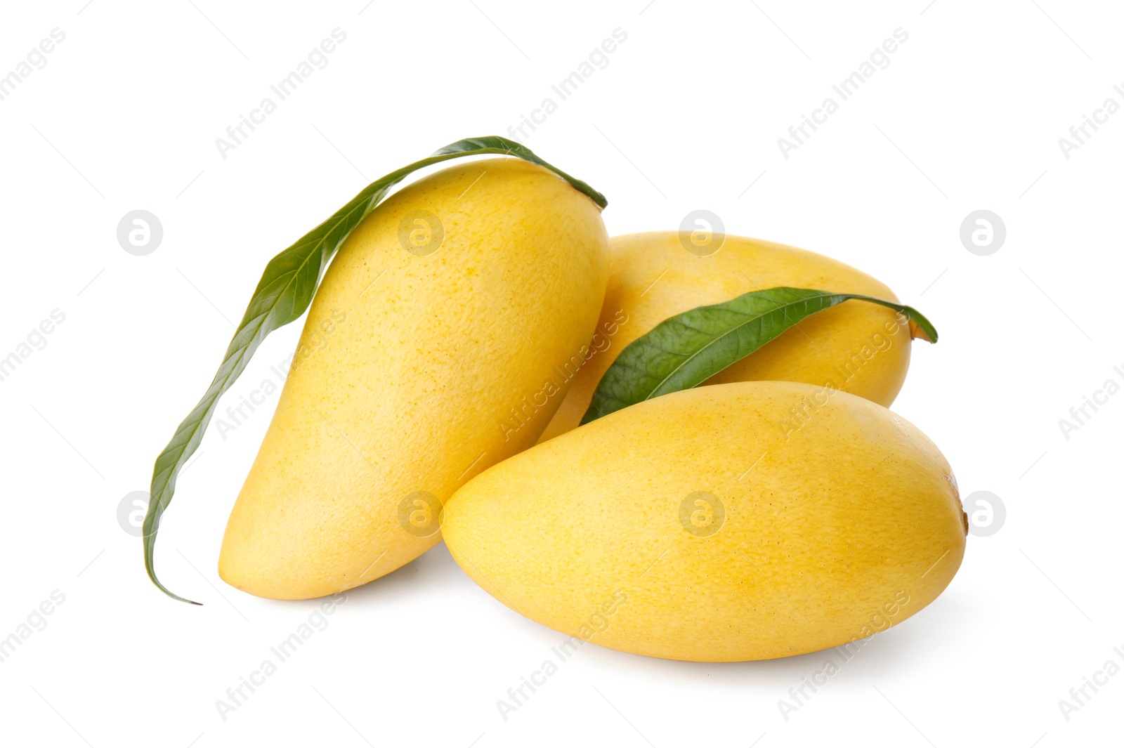 Photo of Fresh juicy mango and leaves isolated on white