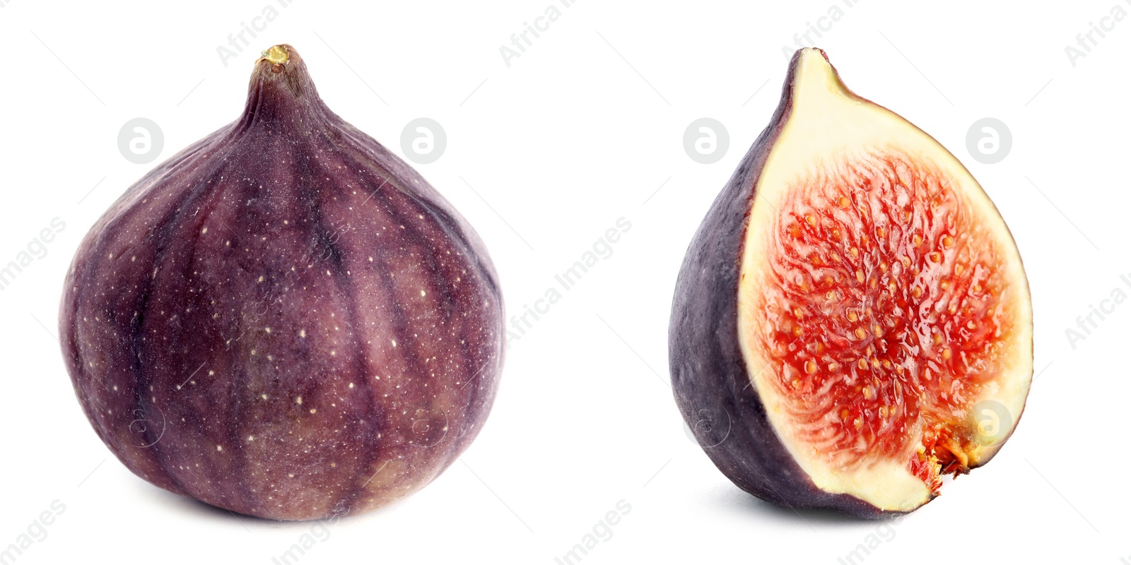 Image of Set of cut and whole figs on white background. Banner design