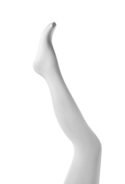 Photo of Leg mannequin in tights on white background